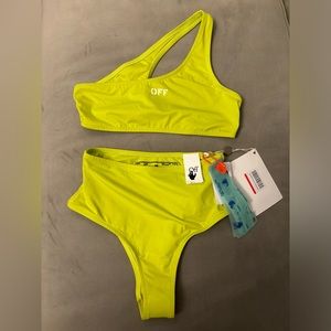 NWT OFF-WHITE Off Stamp One-Shoulder Bikini in Fluorescent Yellow.